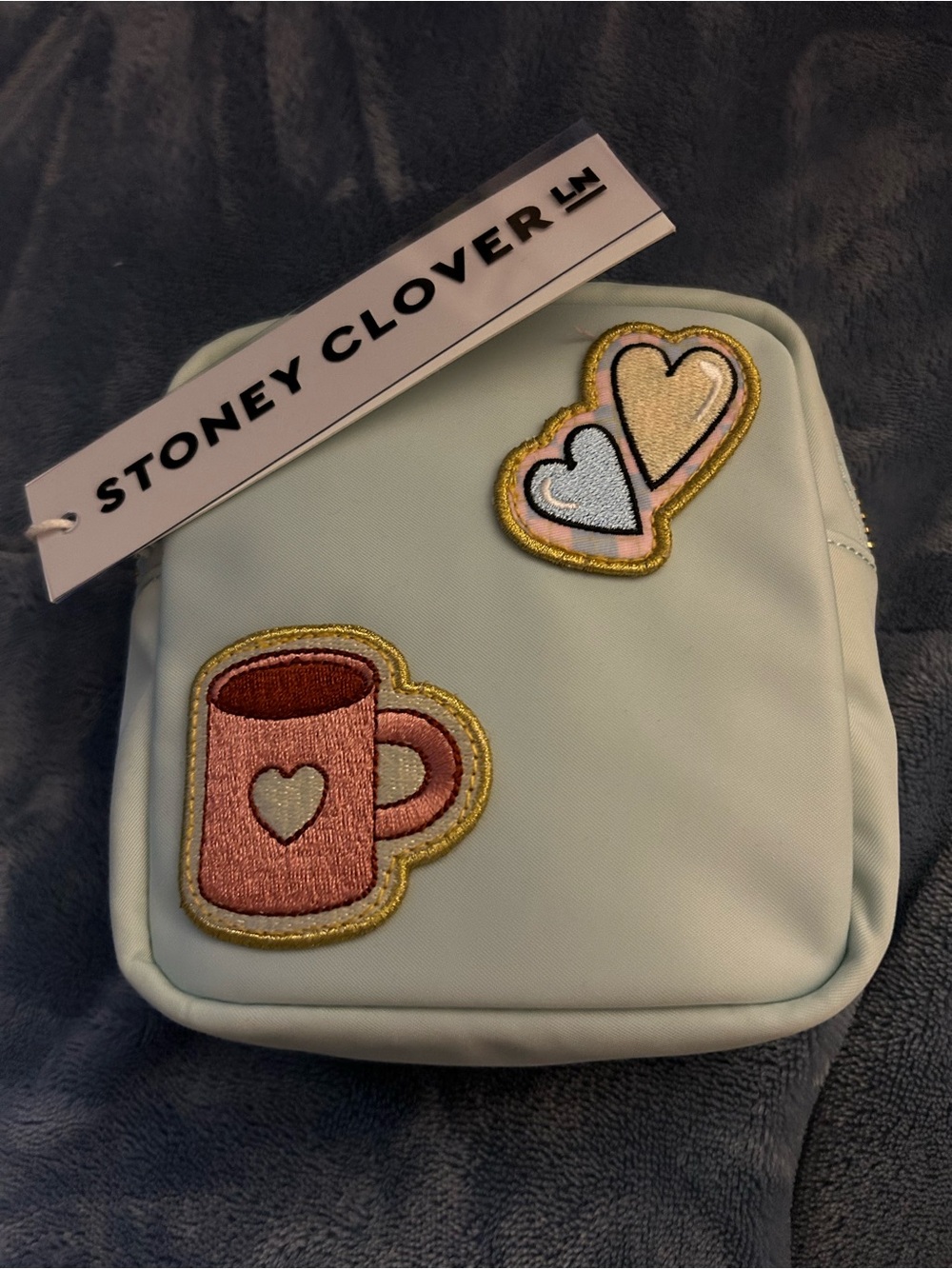 Stoney Clover Lane Mint Cosmetic Pouch with Pink Mug & Pastel Heart Patches